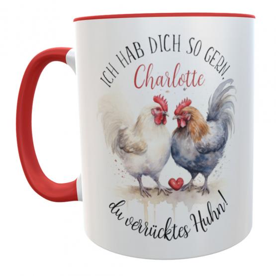 Kaffeetasse verrücktes Huhn mit Namen rot ✓ sofort lieferbar  Kinderlampenland.d