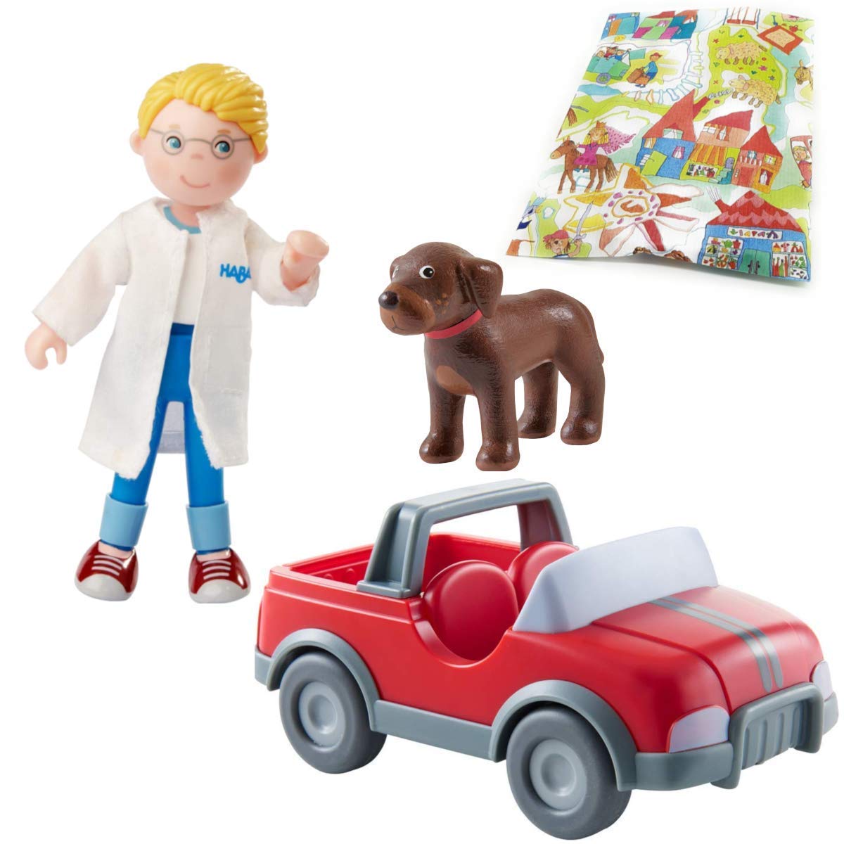 Haba Little Friends Tierarzt-Geländewagen rot mit Tierarzt und Hund | HABA