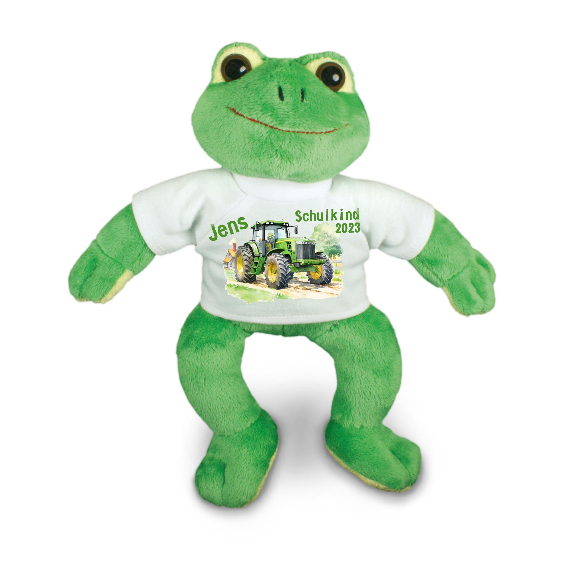 personalisierter Frosch Traktor grün-grau Kuscheltier für die Zuckertüte