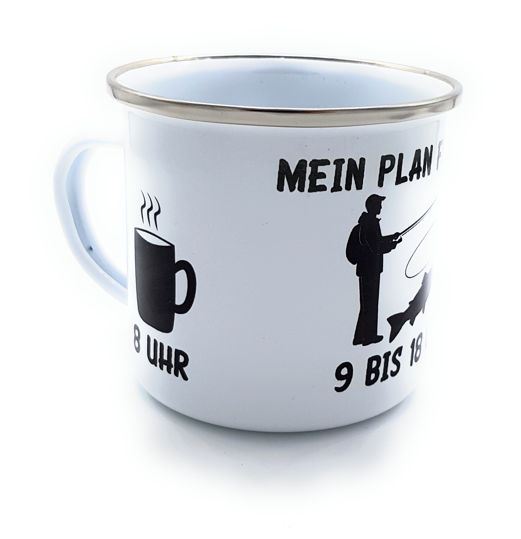Emaille Kaffeetasse für Angler | Bürotasse Mein Plan für heute |  Sprüchetasse