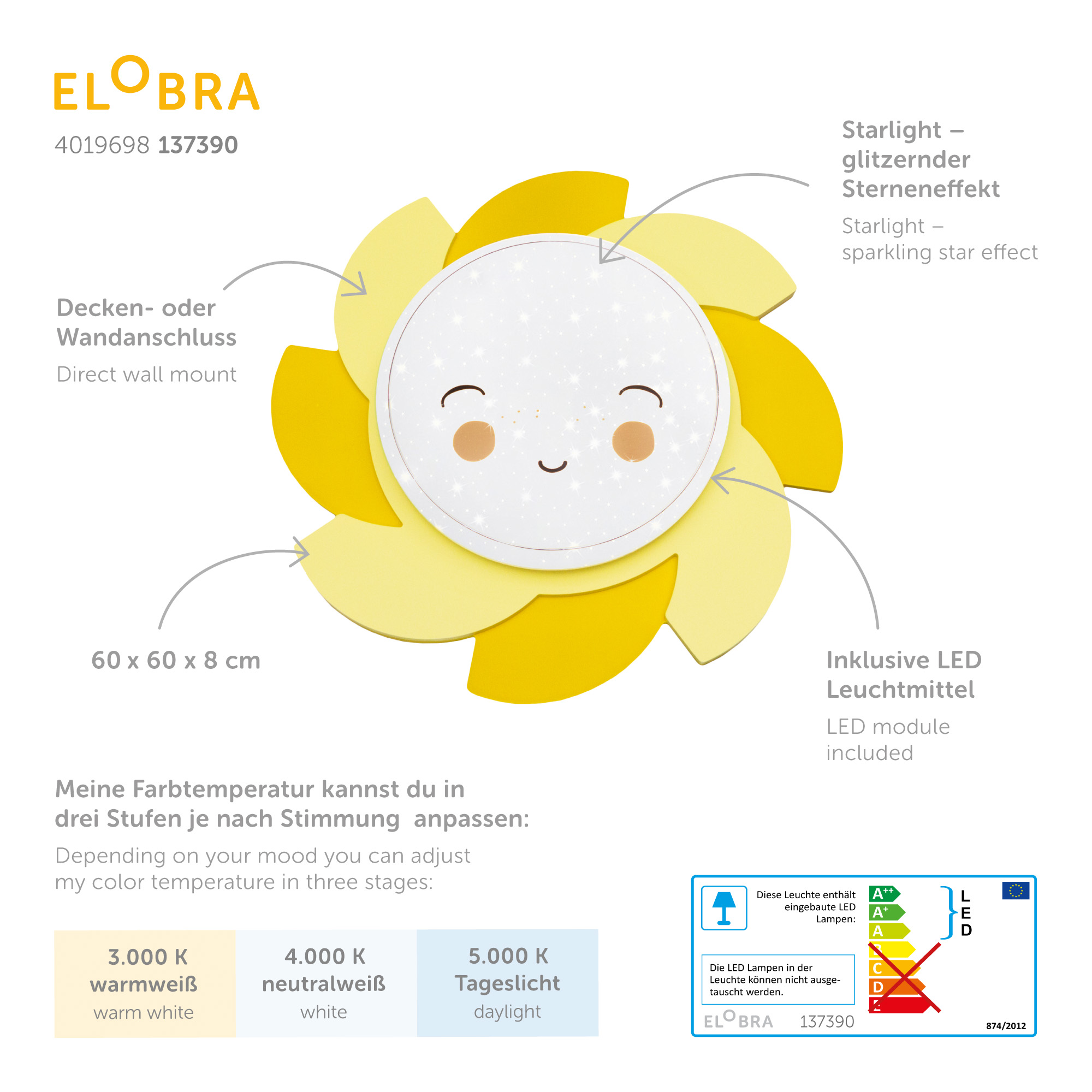 Deckenleuchte Sonne Siri Starlight Smile gelb | Elobra-Leuchten |  Kinderlampenland.de